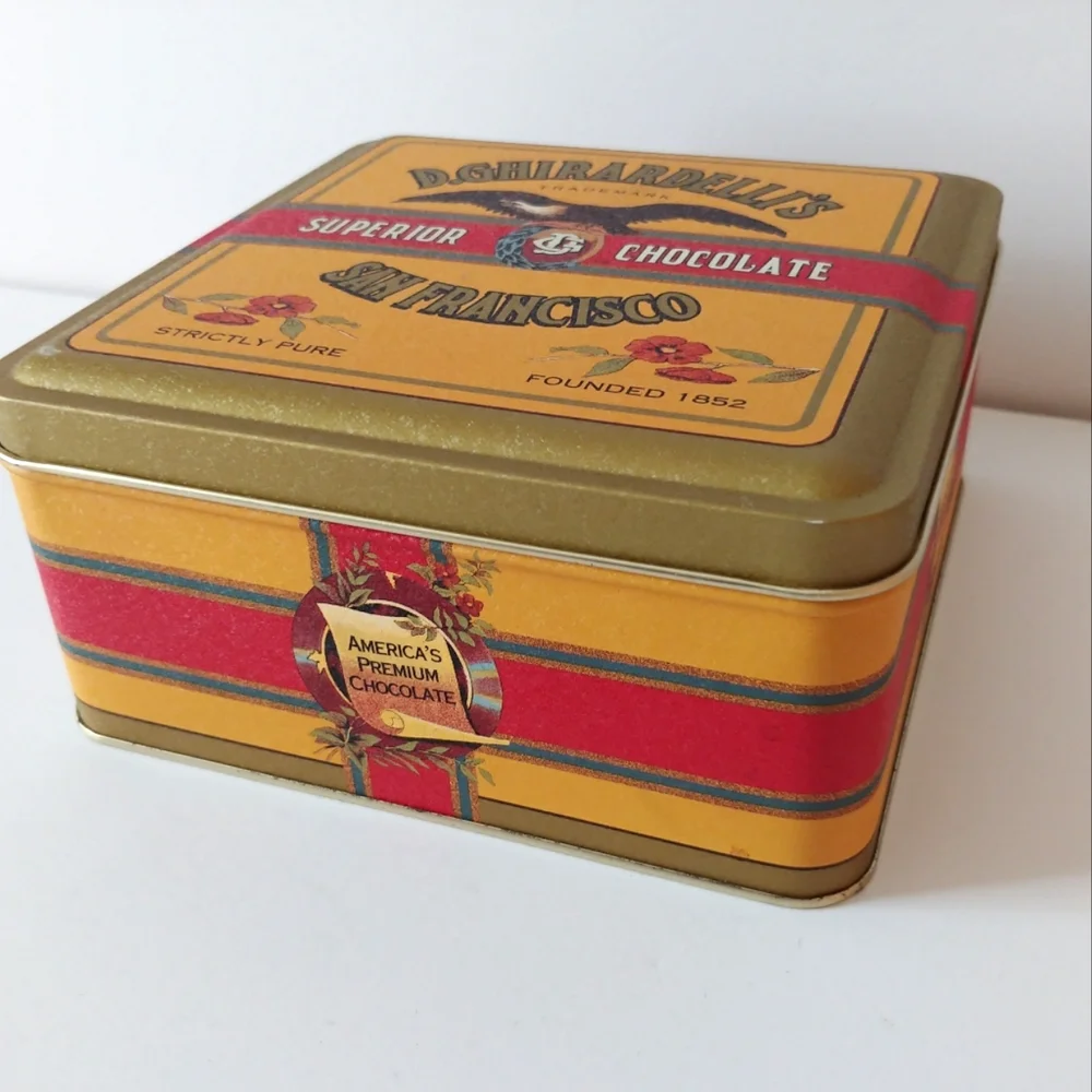 Vintage Ghirardelli's Chocolate Tin Square Gold Green Red 1993